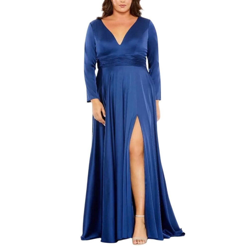 Mac Duggal 55290 Blue Evening Gown Satin Long Sleeve A-Line Dress Size 16W